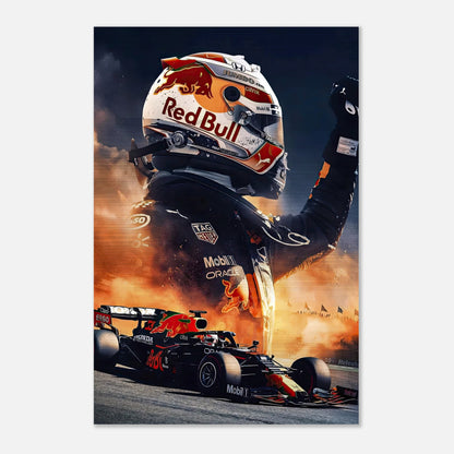 Max Verstappen Red Bull brushed metal print showcasing F1 dominance with textured metallic finish and contemporary style.