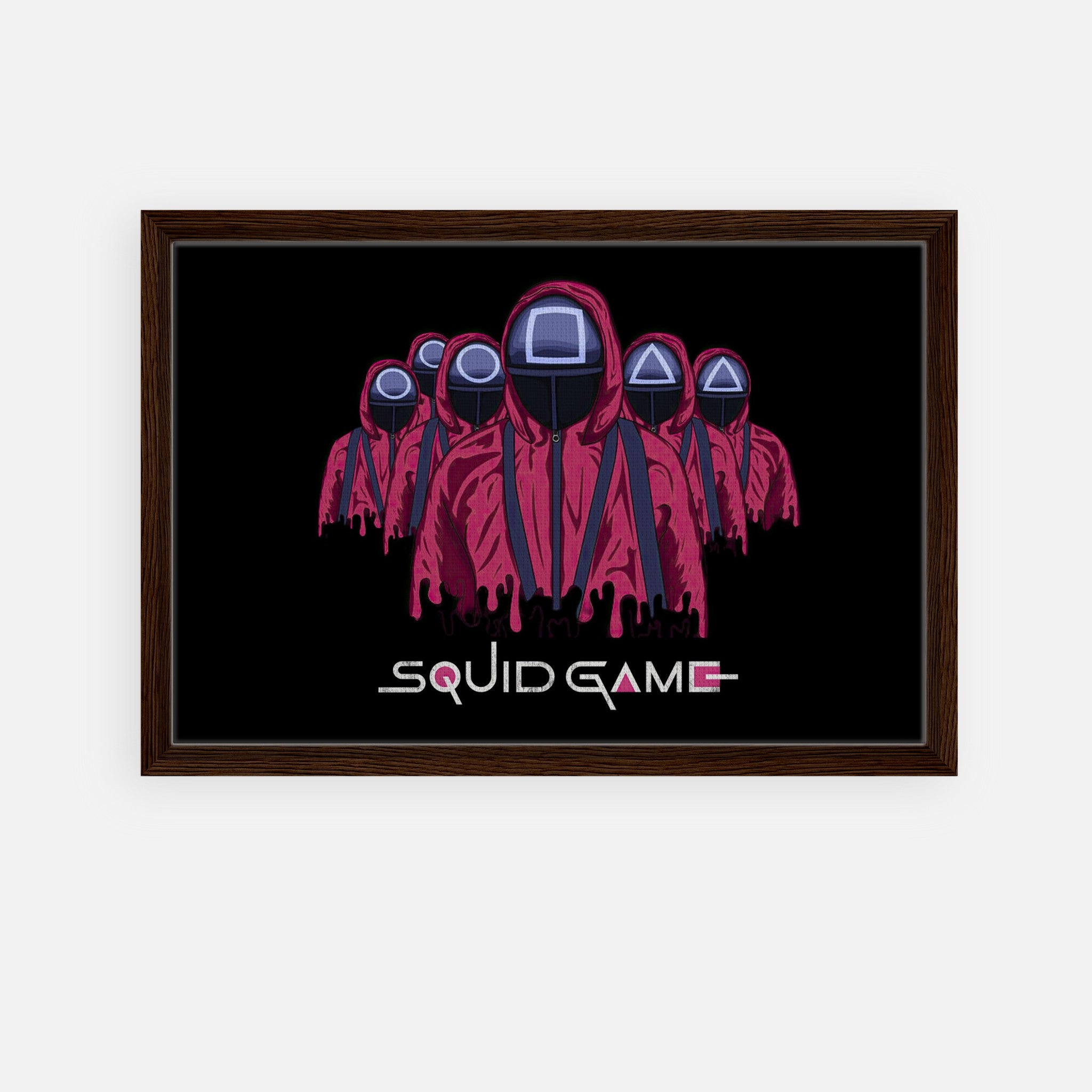 Squid Game Soldiers framed canvas print featuring iconic masked guards in red uniforms against a black background.