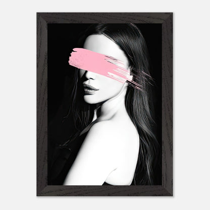 Vintage framed print "Pink Blindness" featuring a monochrome portrait with a striking pink brushstroke obscuring the eyes.