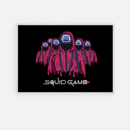 Squid Game Soldiers fine art print featuring masked guards in red uniforms against a black background.