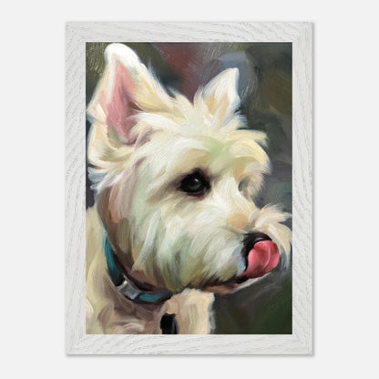 Westie dog painting vintage framed print showcasing a playful West Highland White Terrier in lifelike detail.