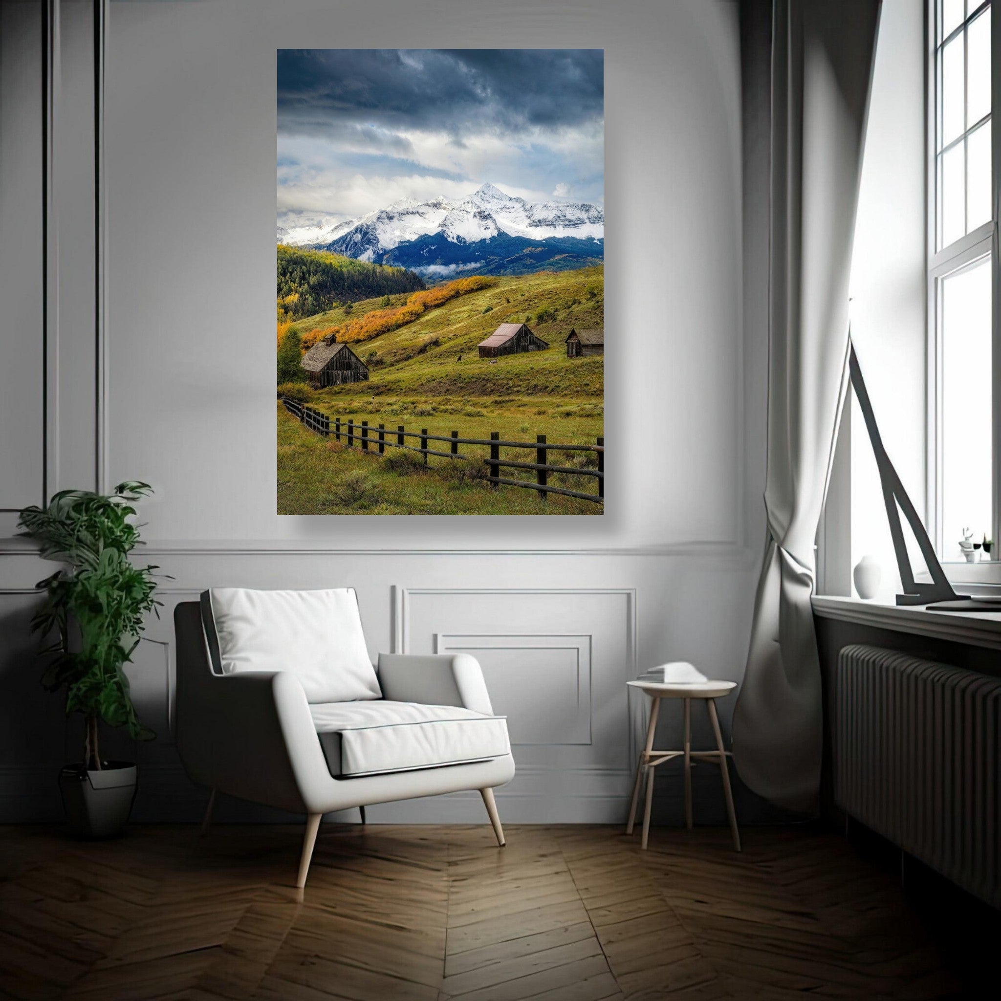 Telluride Colorado metal print showcasing snow-capped mountains, rustic barns, and autumn foliage in a cozy interior setting.