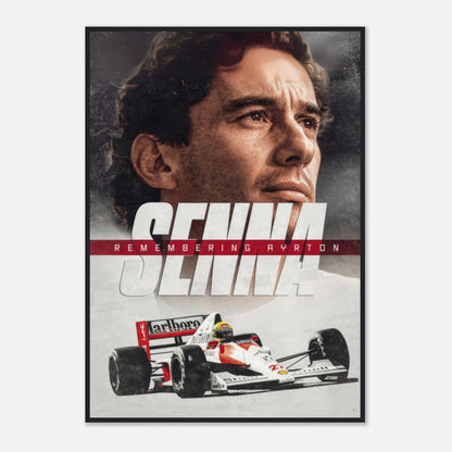 Ayrton Senna art print featuring a portrait of Senna with a racing car, celebrating the legacy of a Formula 1 legend.