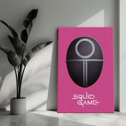 Squid Game Guard Mask canvas print on a pink background, showcasing a minimalist design for fans of the series.