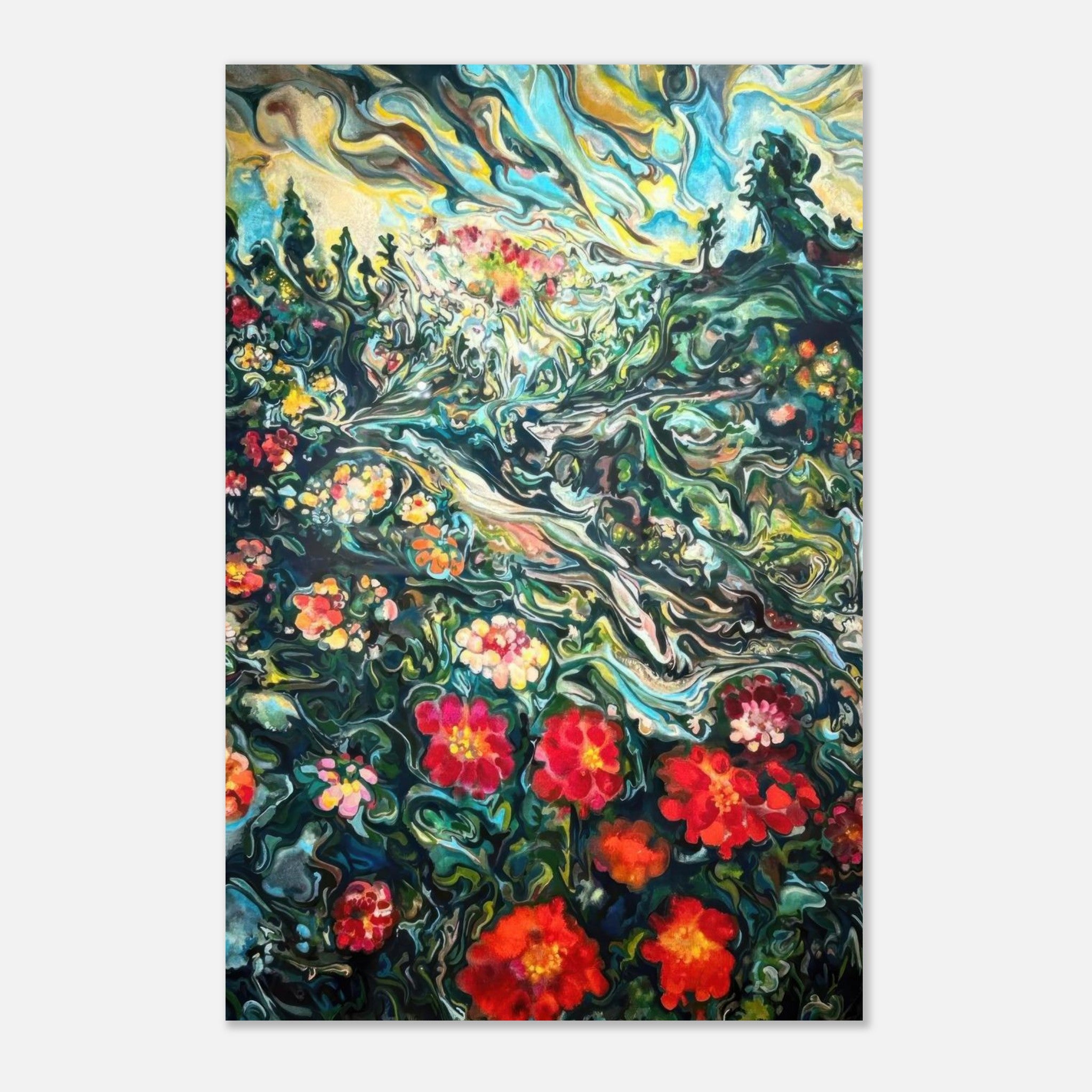 Abstract floral landscape painting metal print with vibrant red, orange, and pink flowers in a lush green scenery.