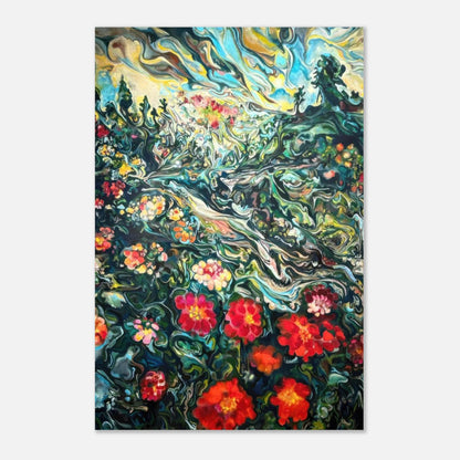 Abstract floral landscape painting metal print with vibrant red, orange, and pink flowers in a lush green scenery.