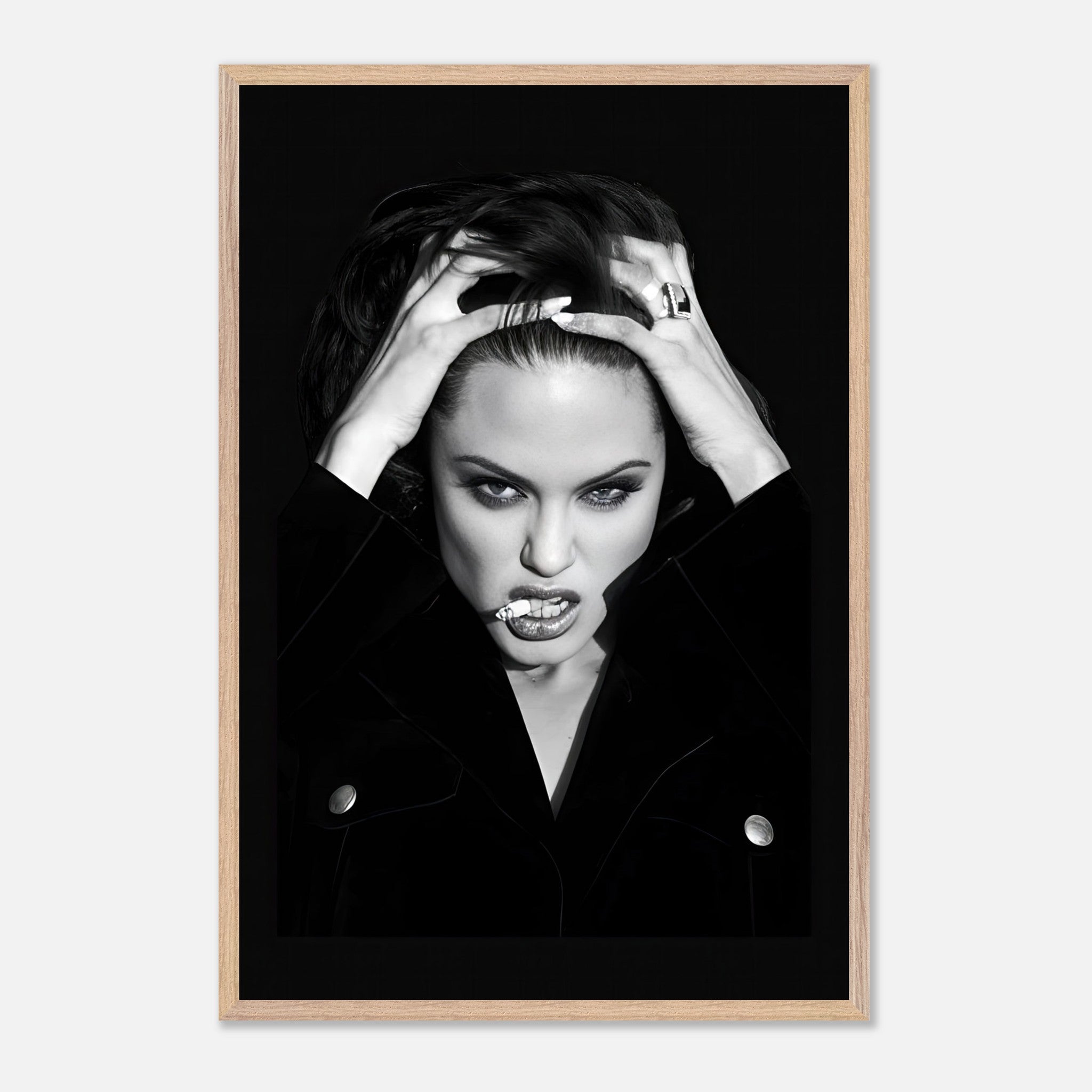 Angelina Jolie vintage framed print showcasing her bold expression and Hollywood charisma in stylish black and white.