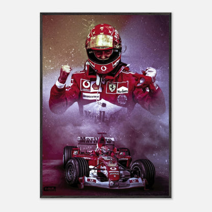 Michael Schumacher fine art print featuring him in a Ferrari suit with his championship-winning car, celebrating speed and victory.