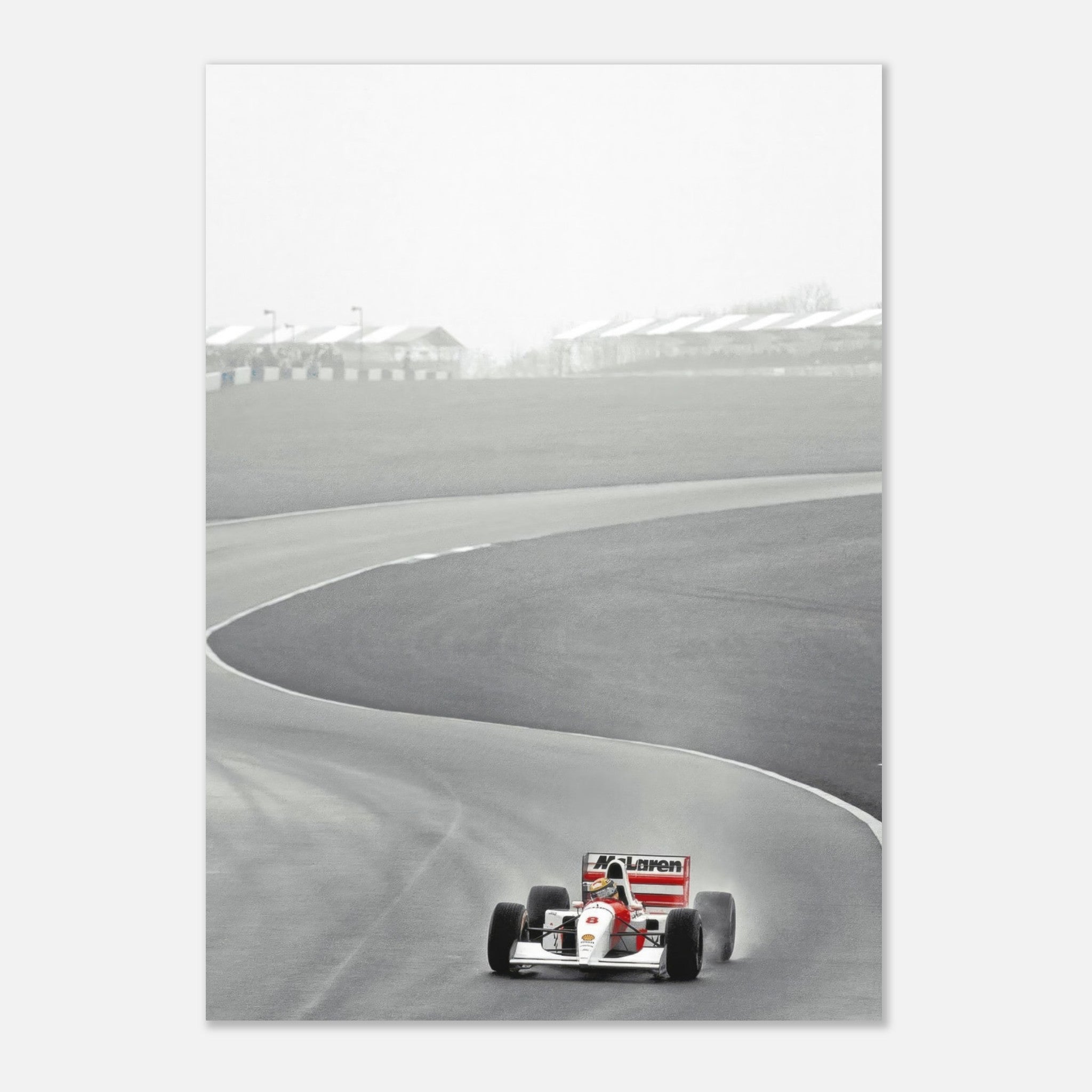 1988 Ayrton Senna racing in McLaren MP4/4 on track, capturing iconic Formula 1 history in minimalist design.