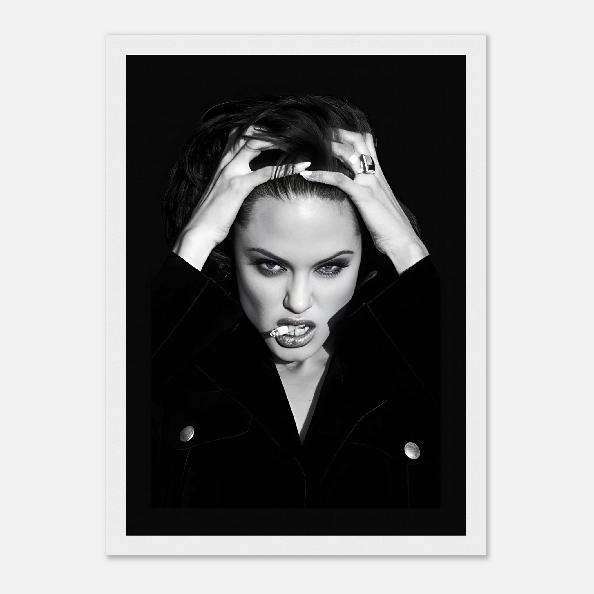 Angelina Jolie smoking framed print in black-and-white, showcasing bold glamour and striking contrasts.