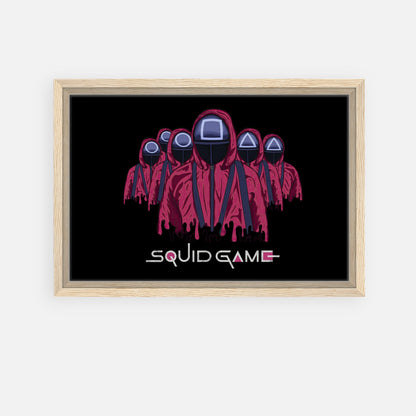 Squid Game Soldiers framed canvas print featuring masked guards in red uniforms against a black background.