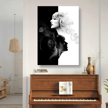 Taylor Swift black and white poster showcasing her profile with smoky accents, enhancing room decor and artistry.