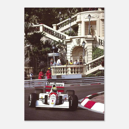 Ayrton Senna racing in Monaco, capturing the essence of F1 with vivid colors and striking details. Ideal for motorsport enthusiasts.