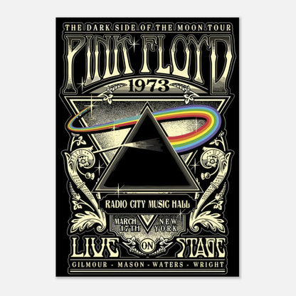 Pink Floyd 1973 concert poster featuring iconic prism design from The Dark Side of the Moon album.