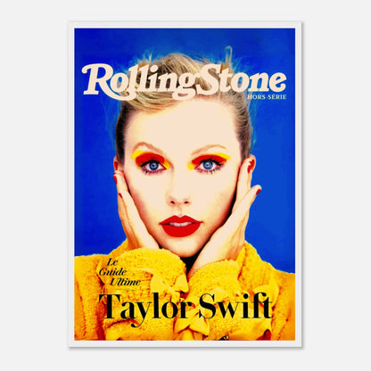 Taylor Swift Rolling Stone magazine cover framed print featuring vibrant colors and a striking close-up portrait.