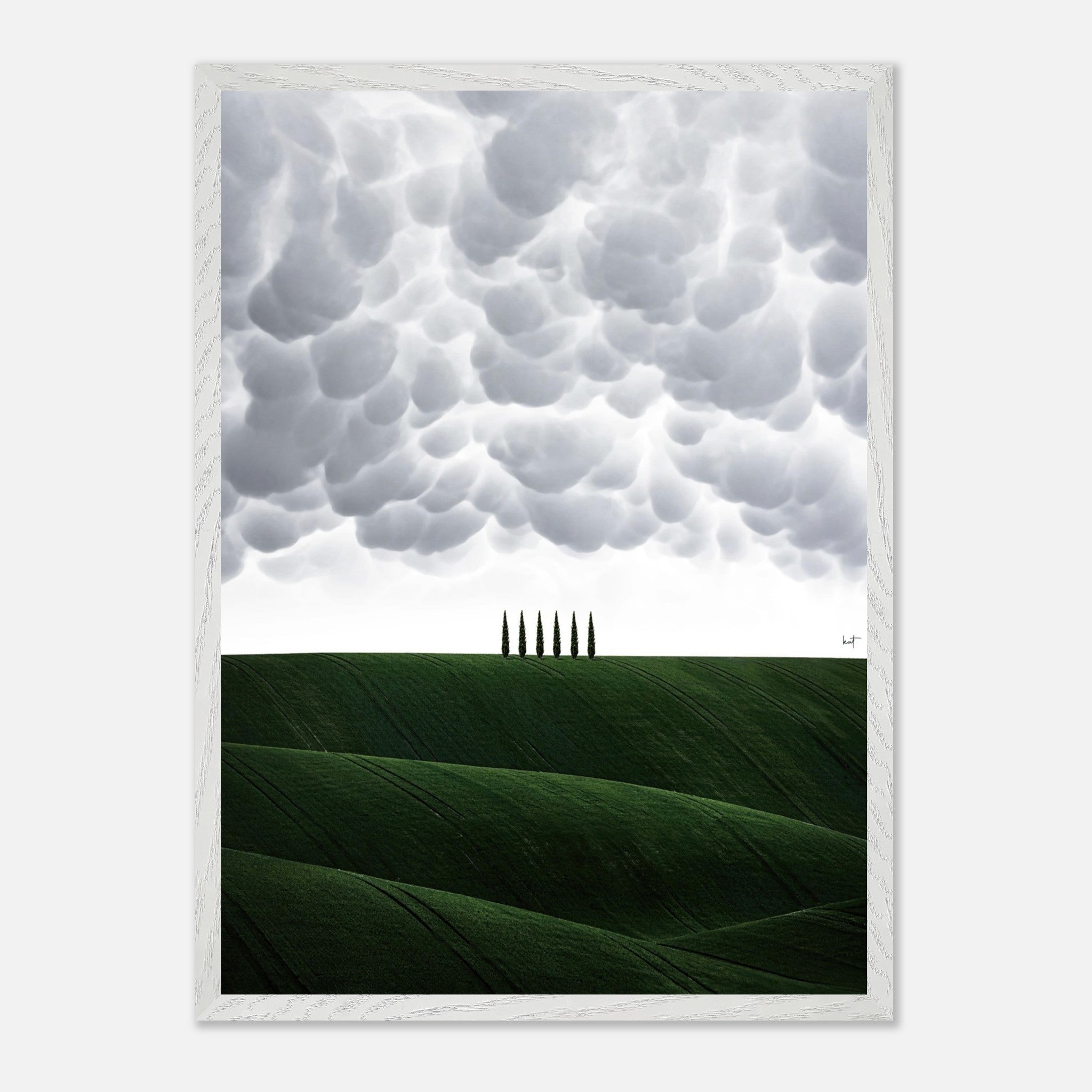 Toscana vintage framed art featuring cypress trees against a dramatic sky and rolling green hills.