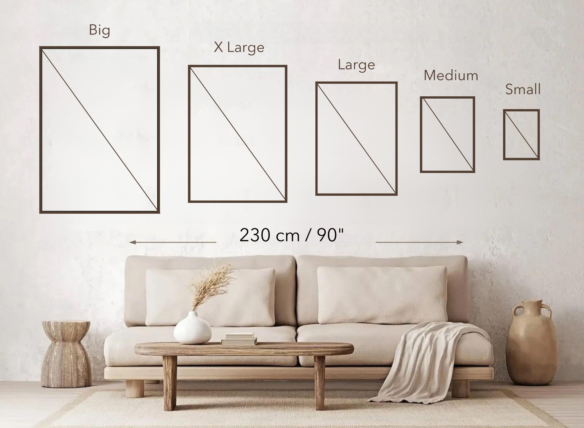 Sizing guide for framed prints displayed above a sofa, showing frame dimensions: Big, X Large, Large, Medium, Small.