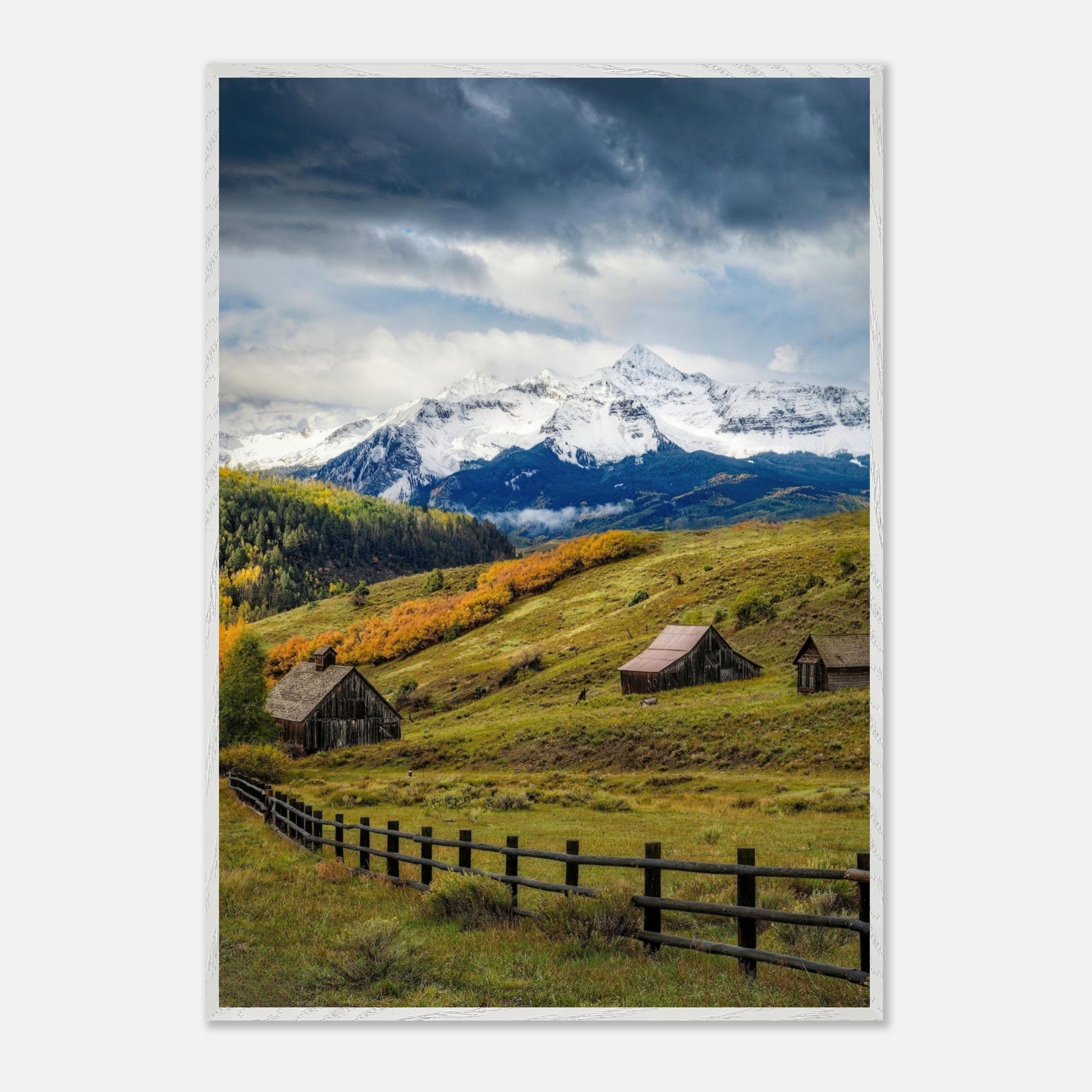 Telluride, Colorado framed Giclée print showcasing rustic barns and snow-capped peaks in a scenic landscape.