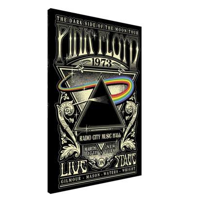 Pink Floyd The Dark Side of the Moon canvas art featuring vintage concert details and iconic prism design from 1973 performance.