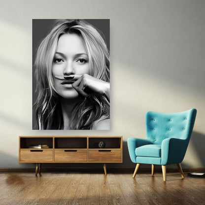 Stylish Kate Moss Mustache poster in black and white displayed on a wall, adding humor to modern living room decor.