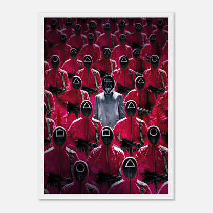 Framed print of Squid Game guards in pink uniforms with a mysterious leader in front, capturing suspense and drama.