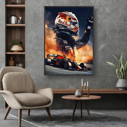 Max Verstappen Red Bull fine art print displayed in modern living room with stylish decor and vibrant colors.