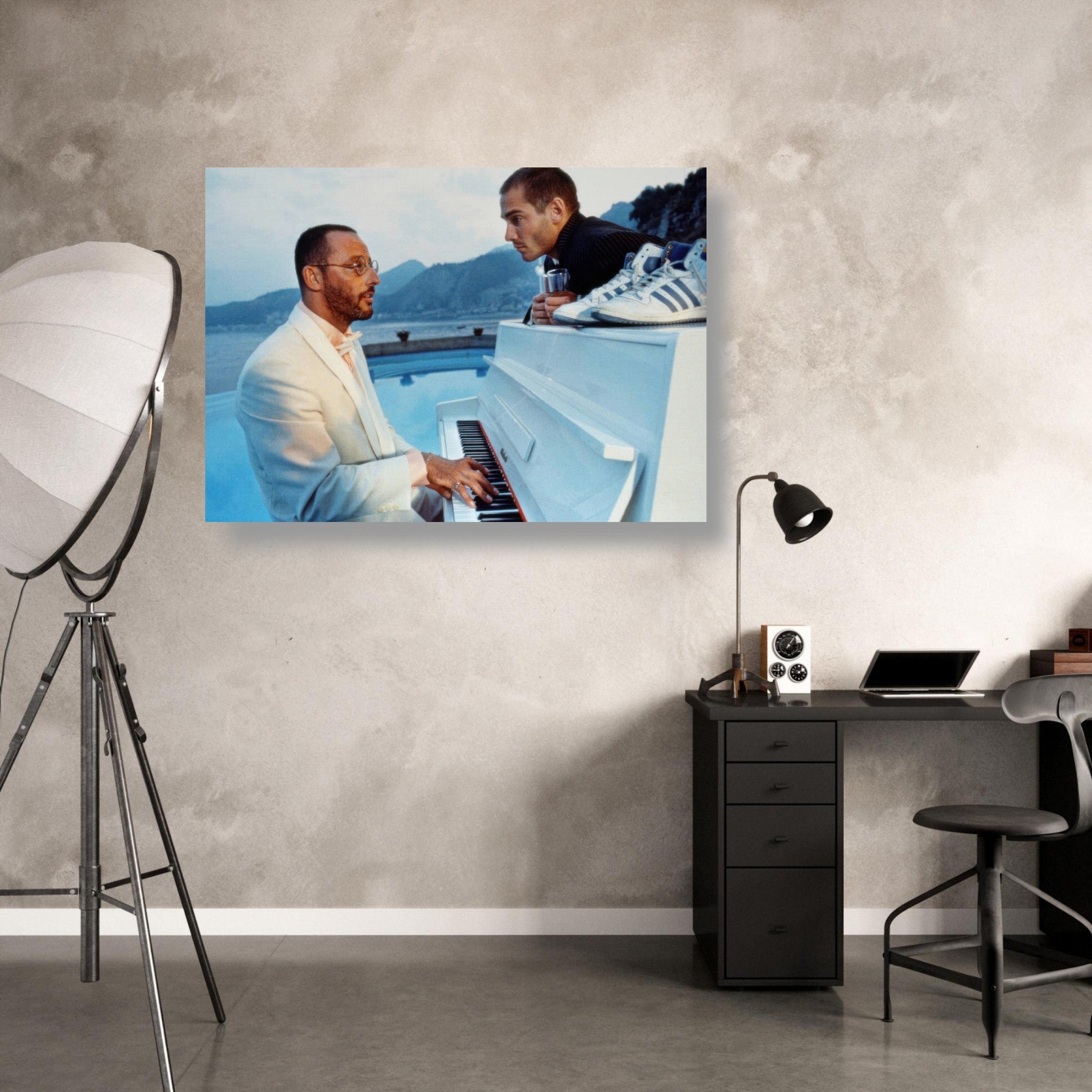 Jean Reno Piano poster featuring a serene coastal backdrop with a white piano, perfect for living room decor.