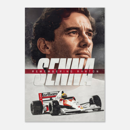 Ayrton Senna poster featuring a dynamic design with his portrait and racing car, celebrating his legacy in Formula 1.