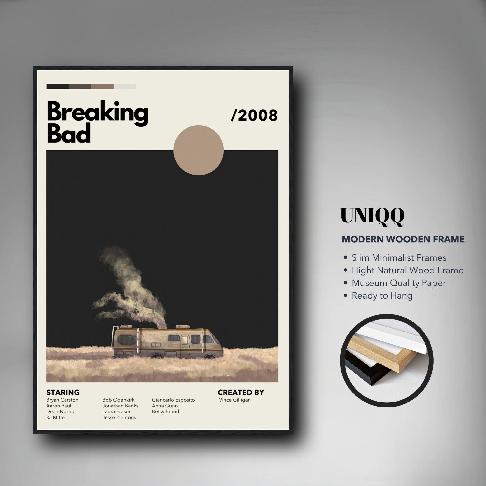 Vintage RV Breaking Bad framed print with minimalist design and earthy tones, showcasing iconic series elements.