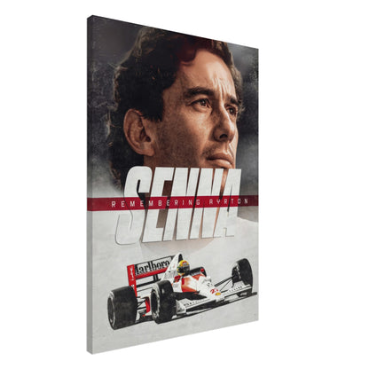 Ayrton Senna canvas art showcasing his iconic portrait and race car, celebrating the legacy of a Formula 1 legend.