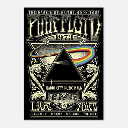 Pink Floyd 1973 concert poster featuring The Dark Side of the Moon prism design and tour details from Radio City Music Hall.