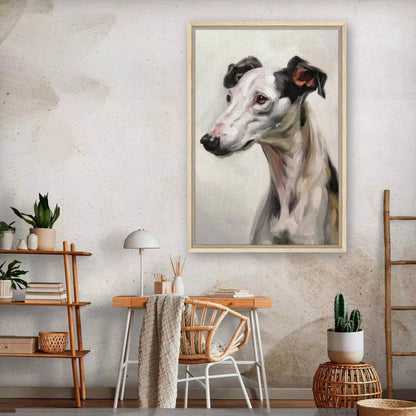 Greyhound dog painting framed canvas print in a modern home office setting with stylish décor.
