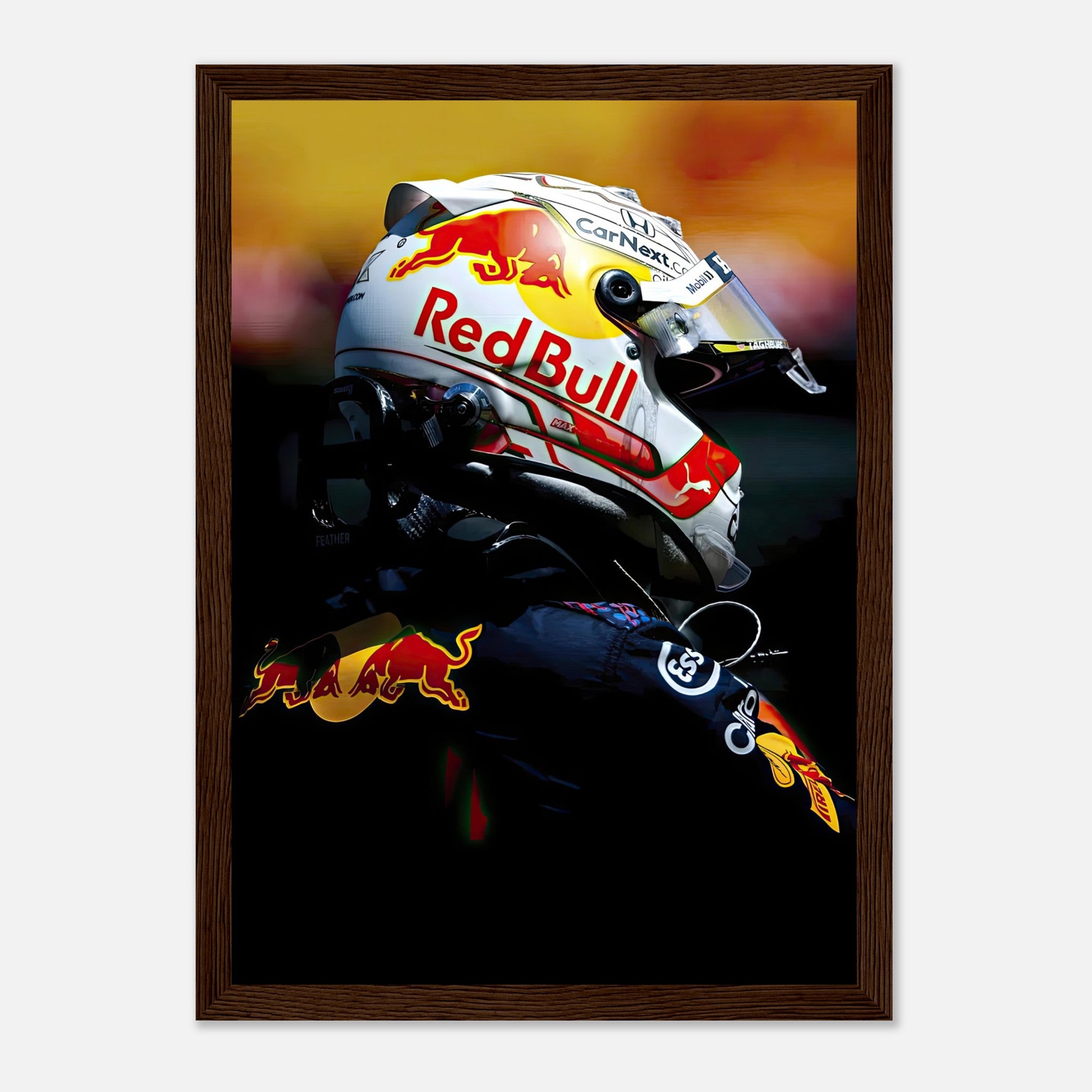 Max Verstappen framed print showcasing his Red Bull racing helmet, vibrant colors and sleek design, perfect for motorsport fans.