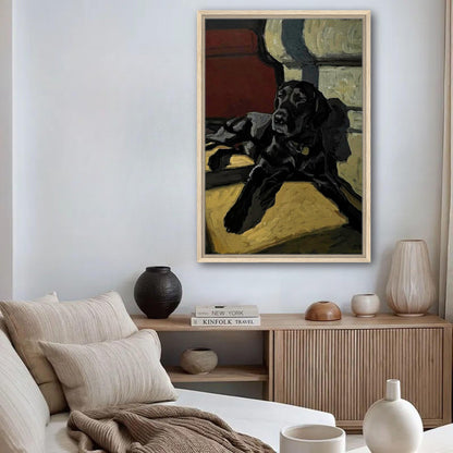 Black Labrador dog painting framed canvas print in a stylish living room setting.