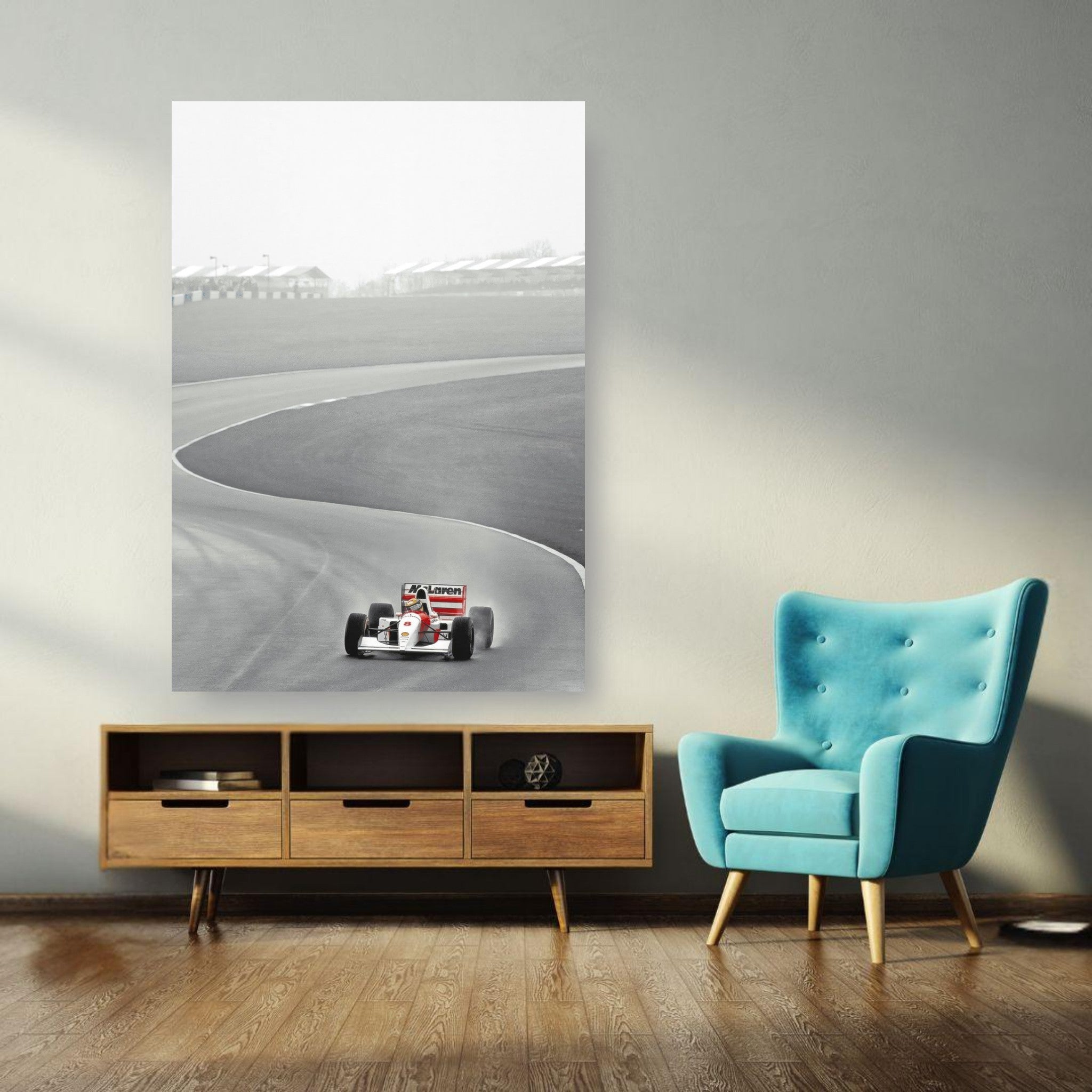 1988 Ayrton Senna McLaren Formula 1 poster displayed in a modern living room setting.