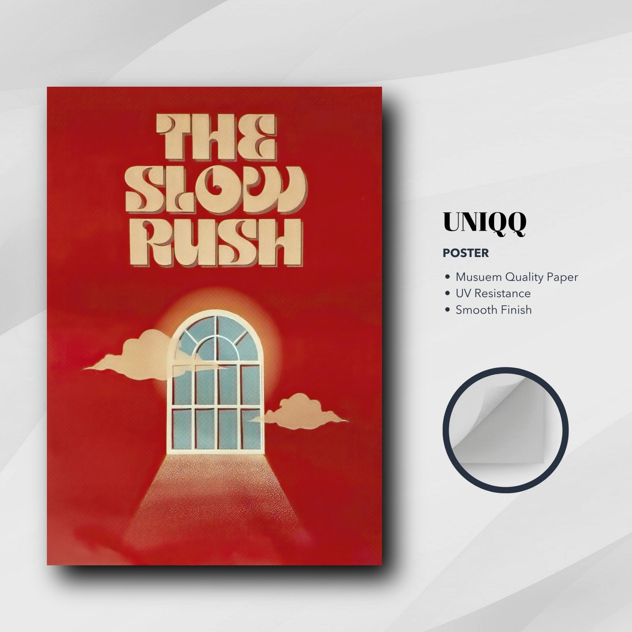 "The Slow Rush poster featuring vibrant red backdrop, dreamy clouds, and vintage-inspired typography on museum quality paper."