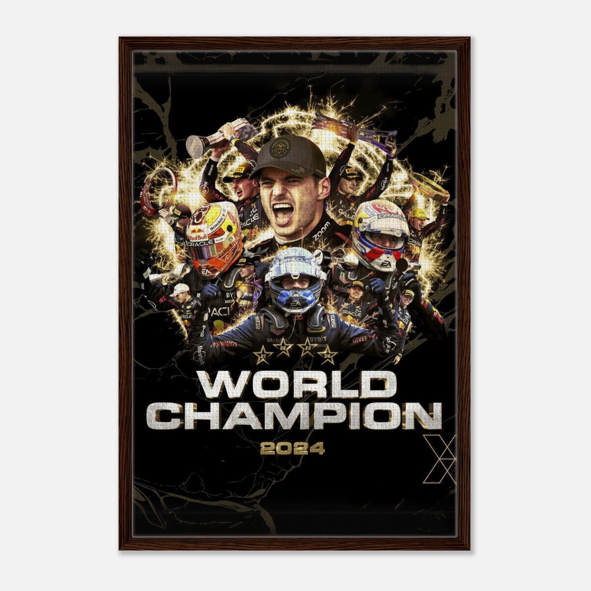 Max Verstappen 2024 World Champion framed canvas print featuring bold motorsport moments and vibrant details.