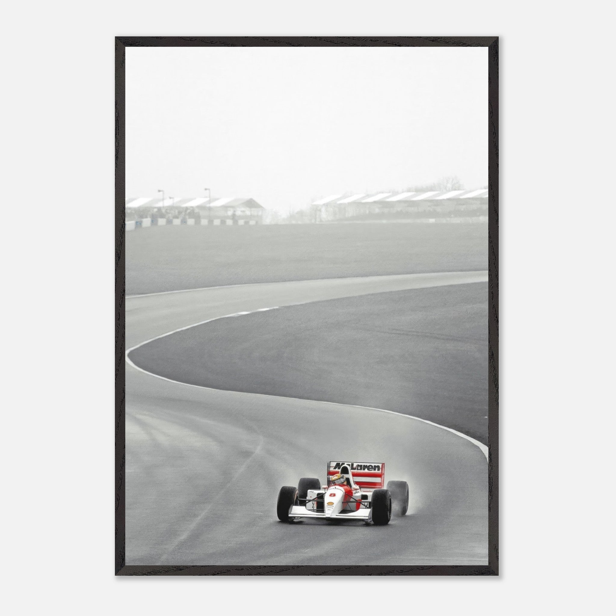 1988 Ayrton Senna McLaren MP4/4 framed vintage art capturing the essence of Formula 1 racing.