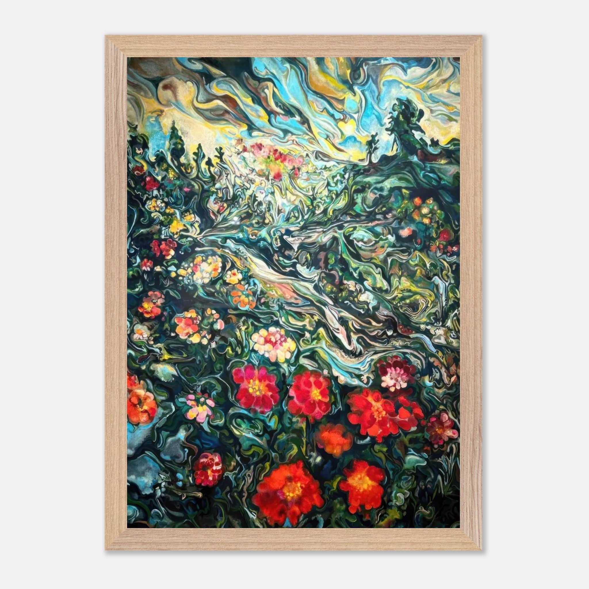 Abstract floral landscape painting in vintage frame, showcasing vibrant red and pink flowers against a colorful swirled background.