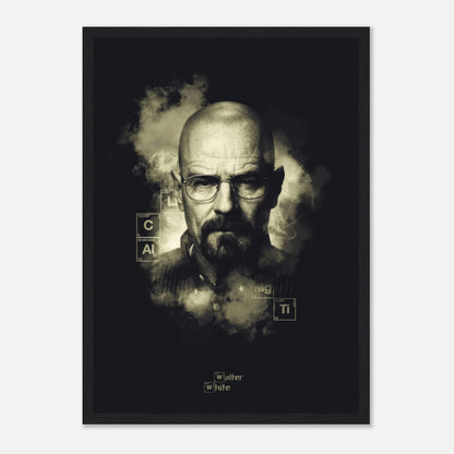 Black-and-white framed poster of Walter White, Heisenberg, featuring a smoky background and periodic table elements.