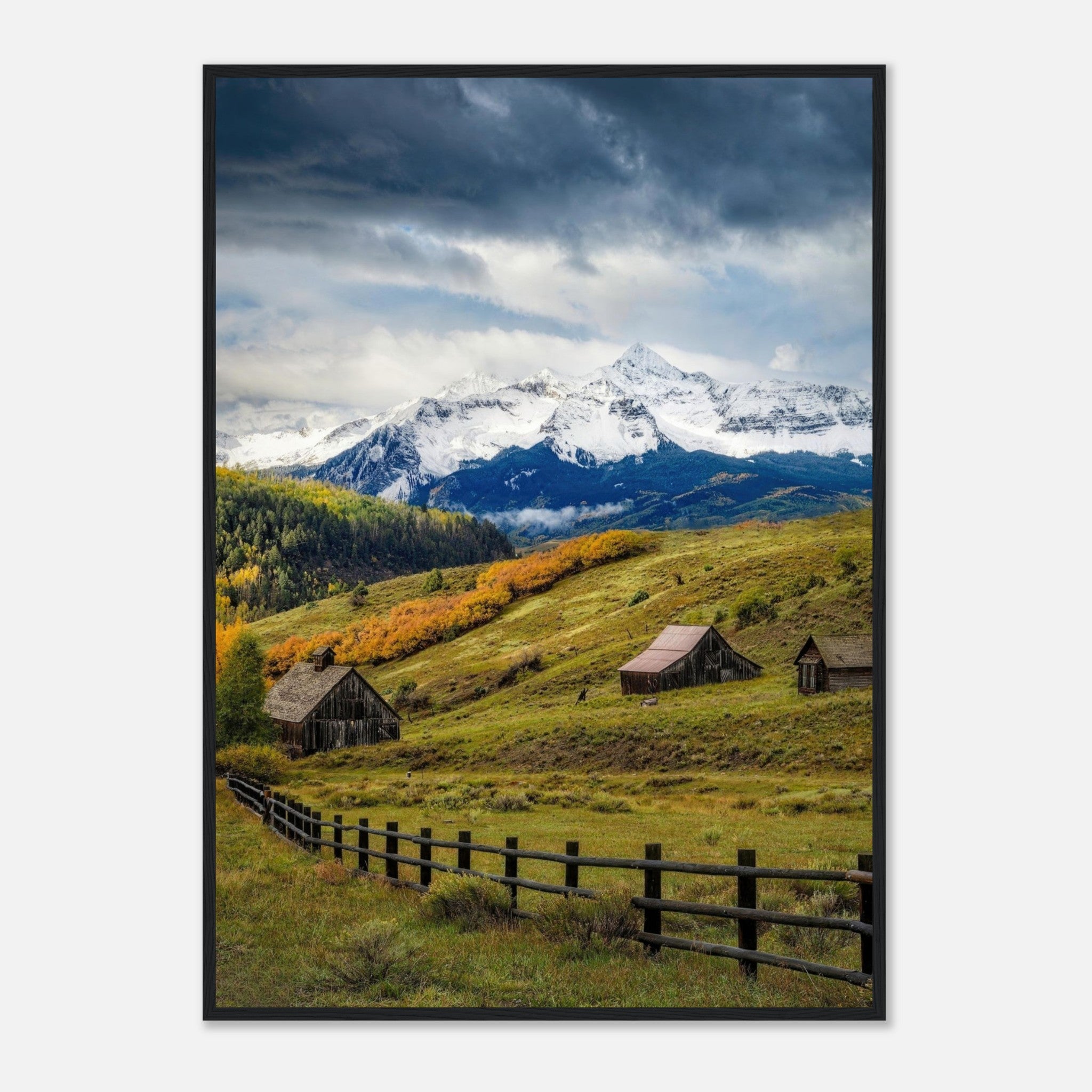 Telluride, Colorado framed print showcasing snow-capped peaks, rustic barns, and vibrant autumn meadows.