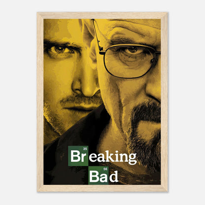 Breaking Bad framed poster featuring iconic characters in bold yellow tones, perfect for fans and collectors.