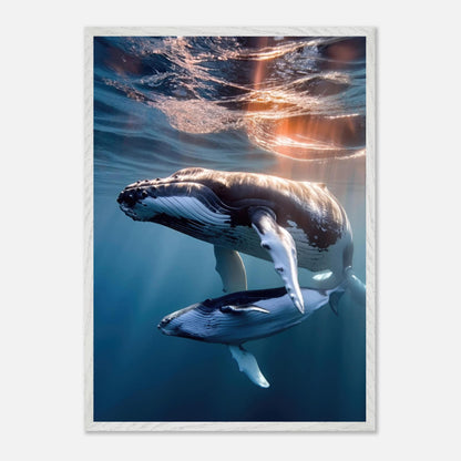 Underwater photography of a humpback whale and calf with sunlight filtering through, showcasing their grace and beauty.