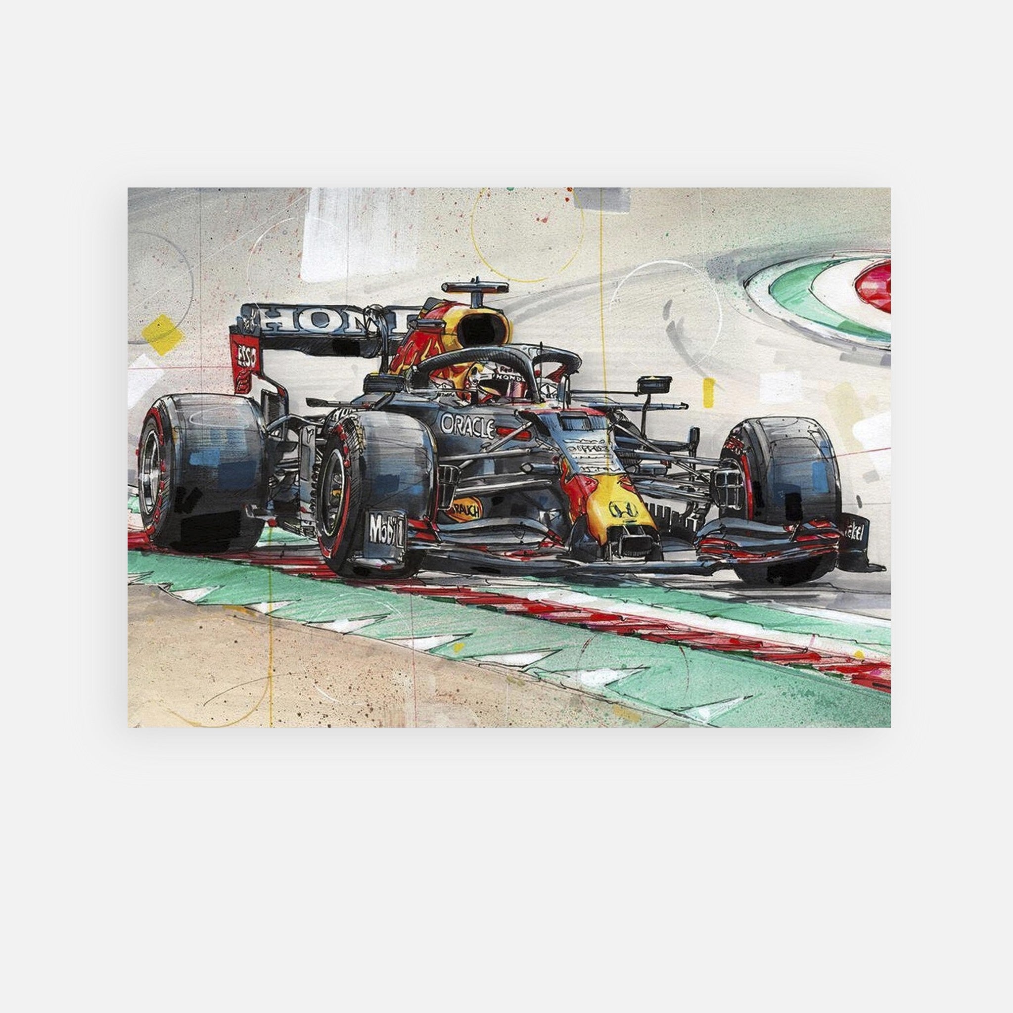 Max Verstappen F1 Red Bull car poster, featuring vibrant colors and dynamic design, perfect for racing fans' decor.