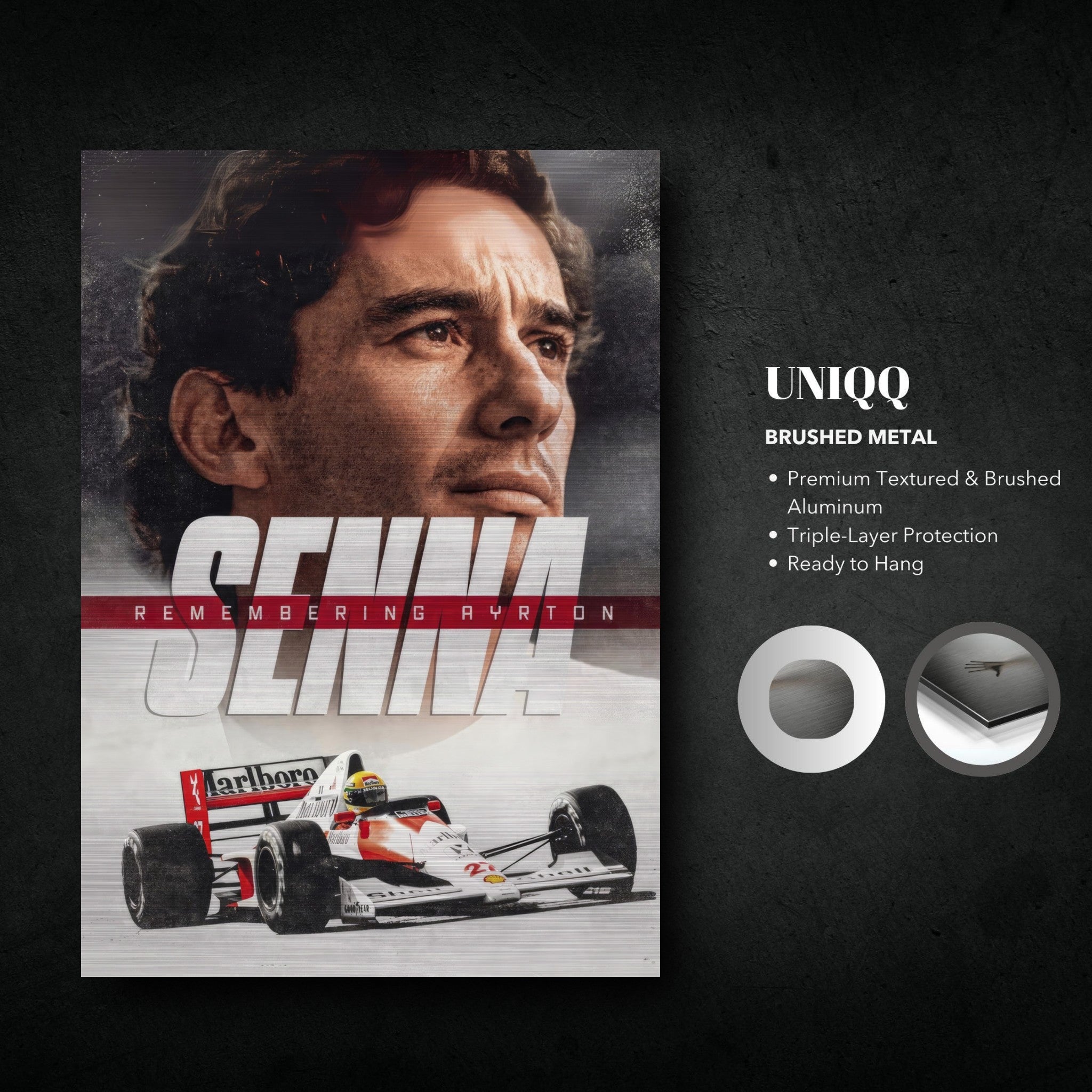 Ayrton Senna brushed metal art tribute featuring racing car and portrait, modern decor for motorsport fans.