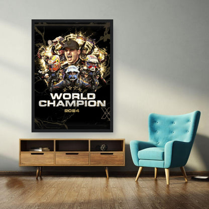 Max Verstappen 2024 F1 World Champion framed print showcasing dynamic racing moments and vibrant artwork.