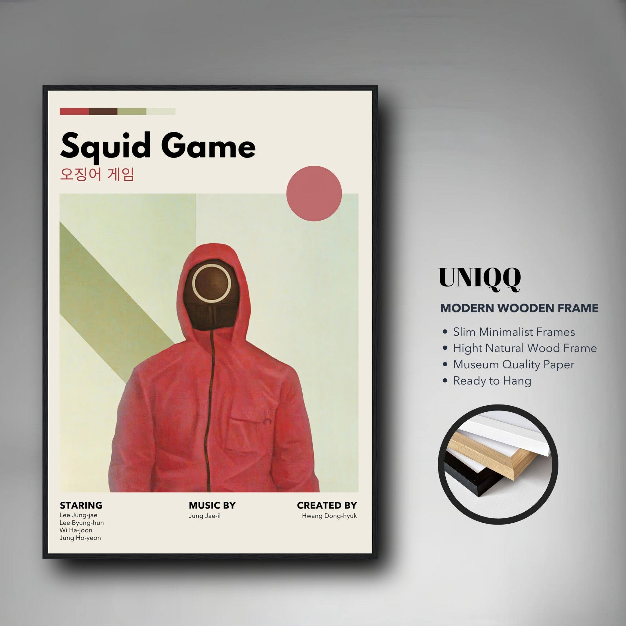 Vintage Squid Game framed print featuring a red-hooded figure and minimalist design, ready to hang on your wall.