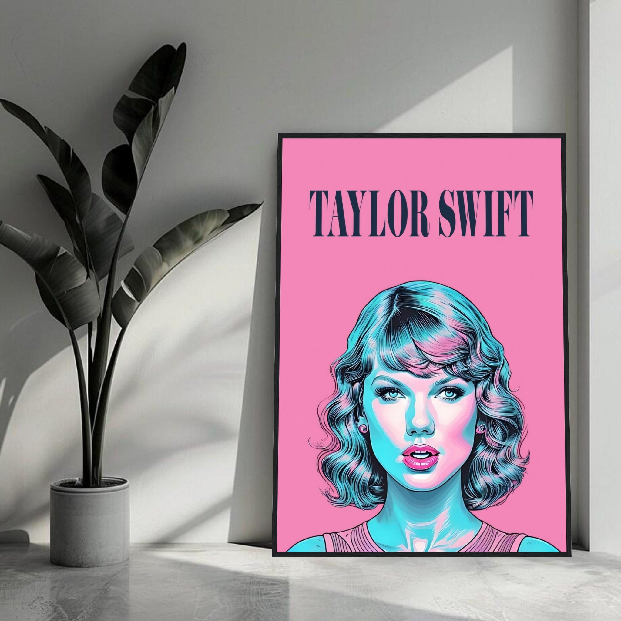 Vibrant Taylor Swift pop art framed poster with pink backdrop and turquoise highlights, perfect for fans and art lovers.