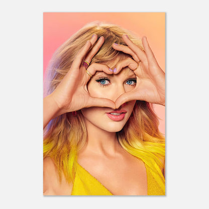 Taylor Swift making a heart shape with her hands, showcasing her charm in a vibrant metal print.