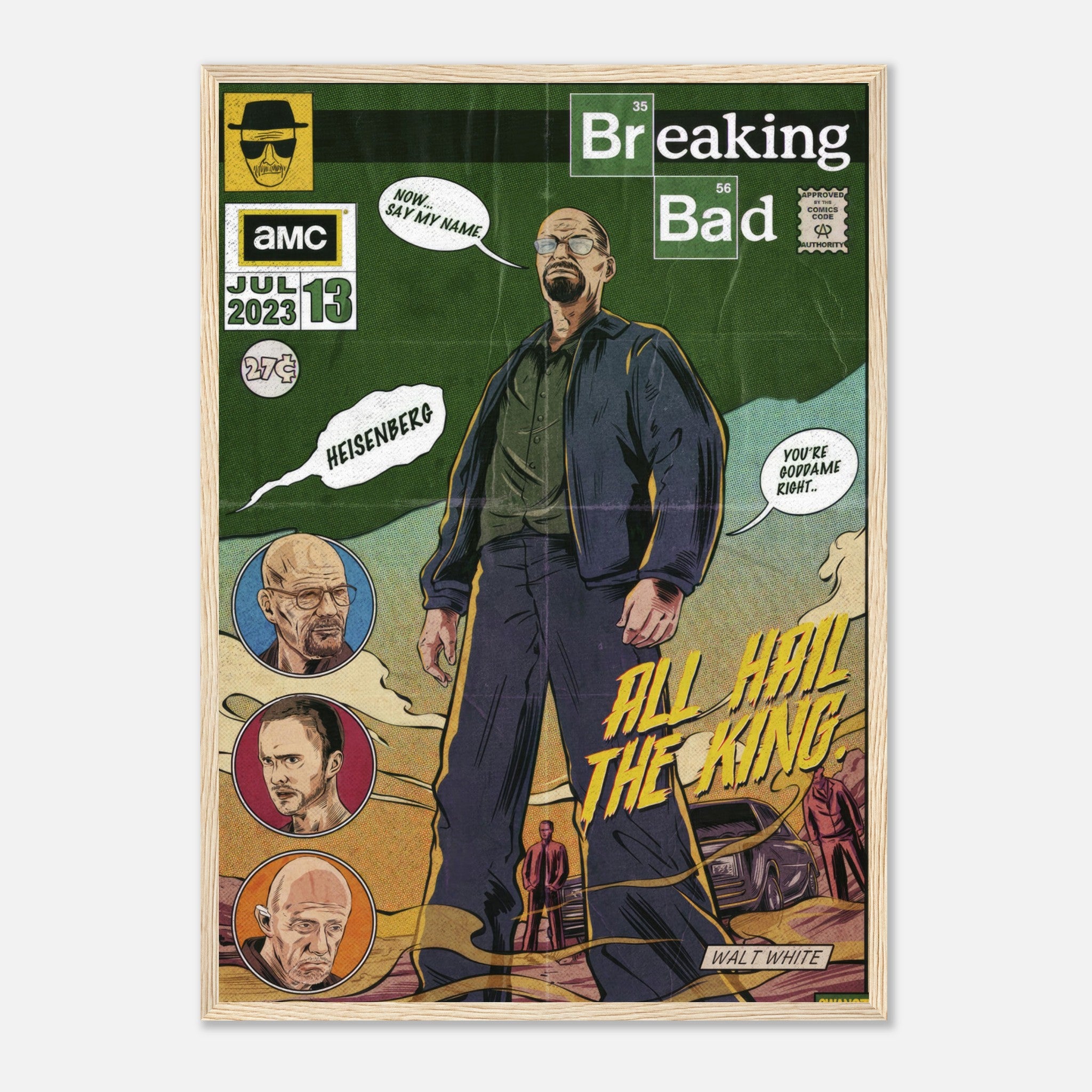 Heisenberg Framed Print featuring Walter White in a retro comic-style design with "All Hail the King" text. Breaking Bad artwork.